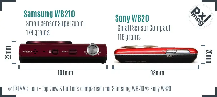 Samsung WB210 vs Sony W620 top view buttons comparison