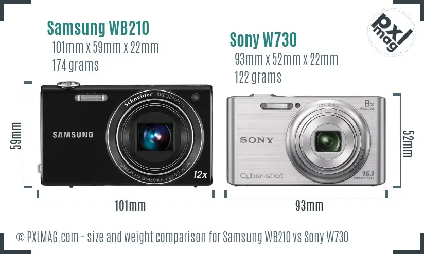 Samsung WB210 vs Sony W730 size comparison