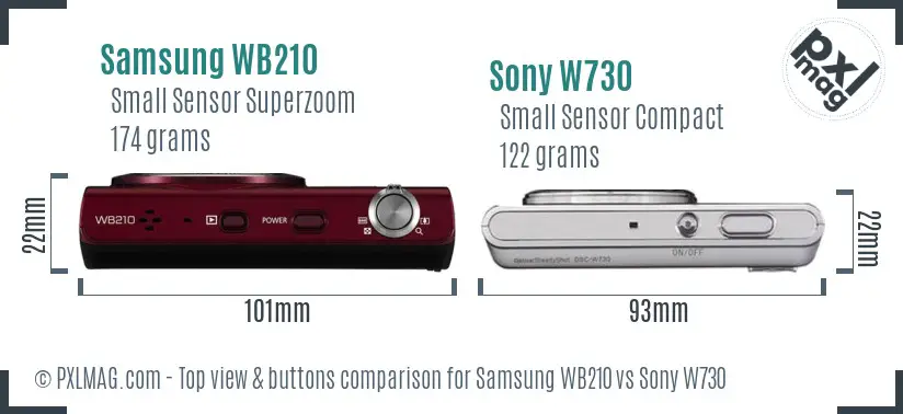 Samsung WB210 vs Sony W730 top view buttons comparison