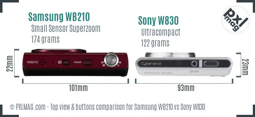 Samsung WB210 vs Sony W830 top view buttons comparison