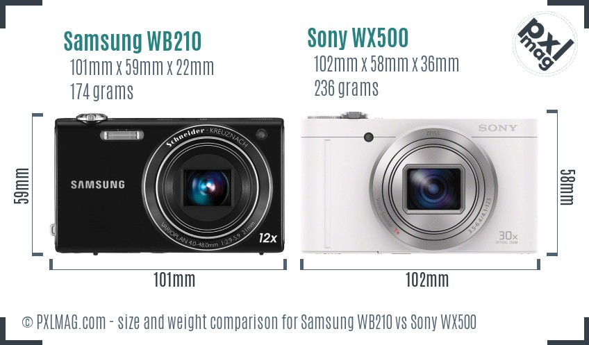 Samsung WB210 vs Sony WX500 size comparison