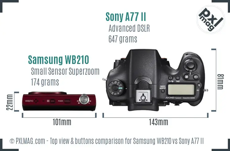 Samsung WB210 vs Sony A77 II top view buttons comparison