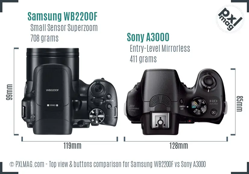 Samsung WB2200F vs Sony A3000 top view buttons comparison