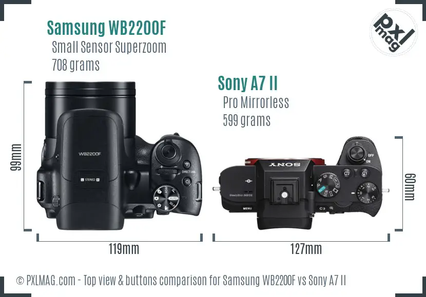 Samsung WB2200F vs Sony A7 II top view buttons comparison