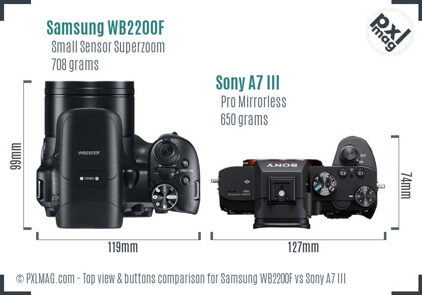 Samsung WB2200F vs Sony A7 III top view buttons comparison
