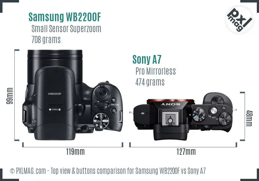 Samsung WB2200F vs Sony A7 top view buttons comparison