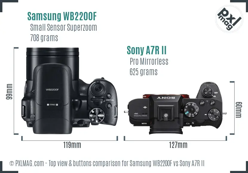 Samsung WB2200F vs Sony A7R II top view buttons comparison
