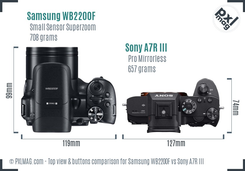 Samsung WB2200F vs Sony A7R III top view buttons comparison