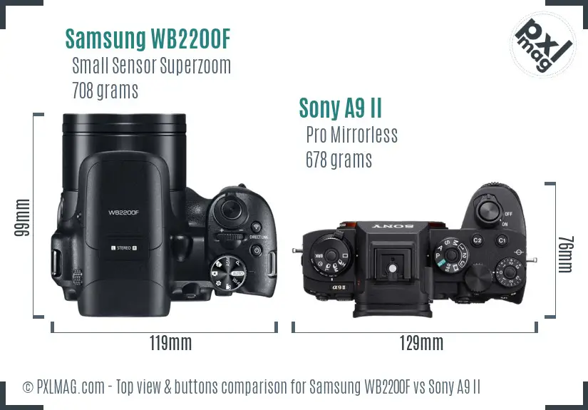 Samsung WB2200F vs Sony A9 II top view buttons comparison