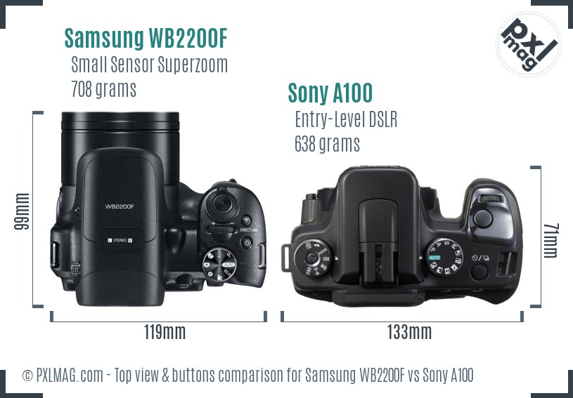 Samsung WB2200F vs Sony A100 top view buttons comparison