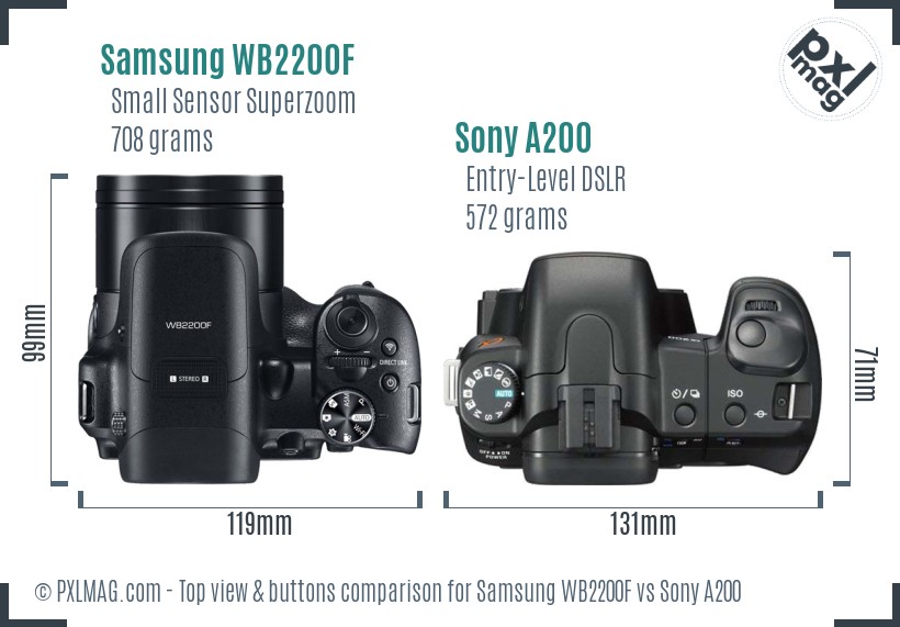 Samsung WB2200F vs Sony A200 top view buttons comparison