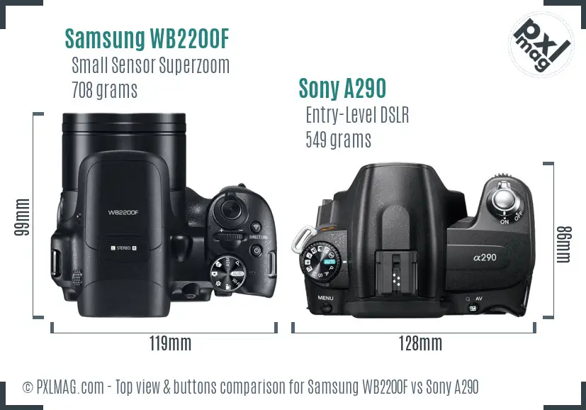 Samsung WB2200F vs Sony A290 top view buttons comparison