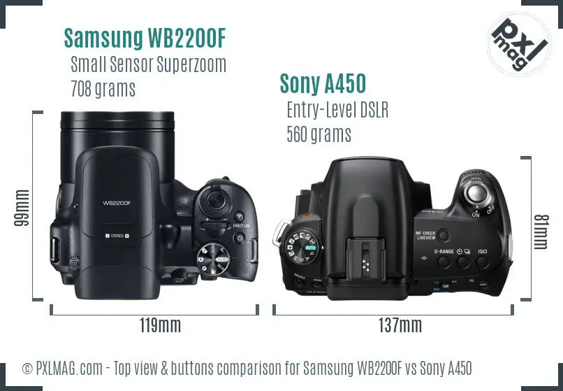 Samsung WB2200F vs Sony A450 top view buttons comparison