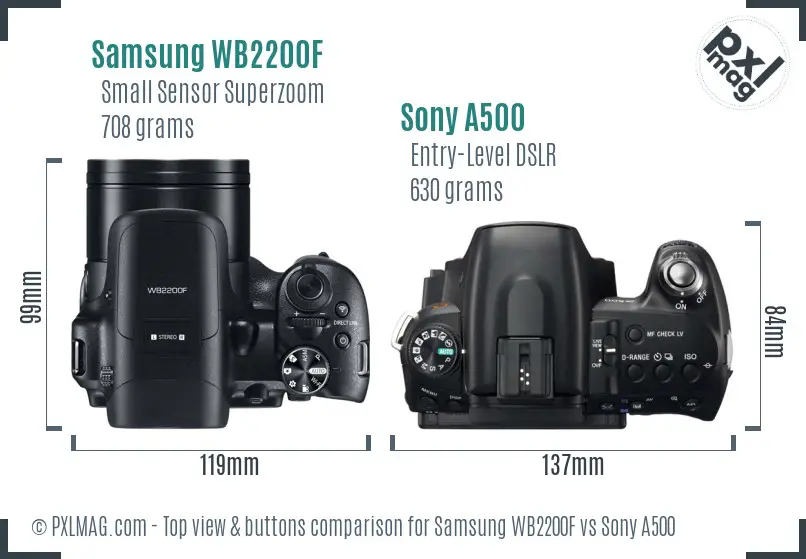 Samsung WB2200F vs Sony A500 top view buttons comparison