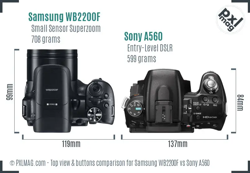 Samsung WB2200F vs Sony A560 top view buttons comparison