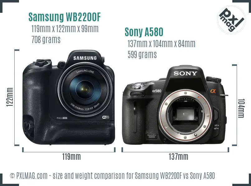 Samsung WB2200F vs Sony A580 size comparison