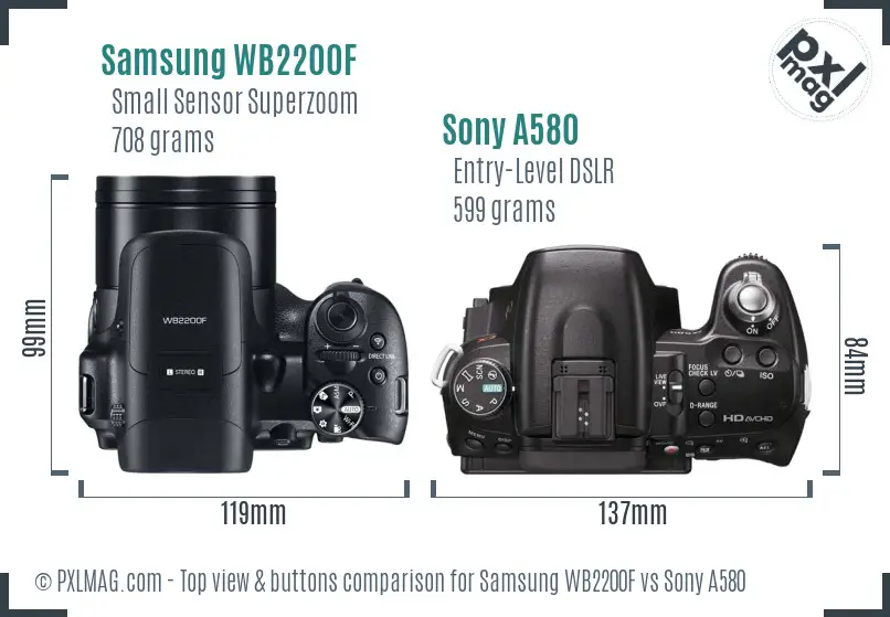 Samsung WB2200F vs Sony A580 top view buttons comparison