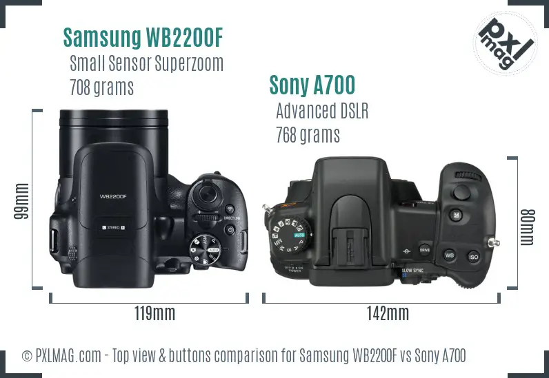 Samsung WB2200F vs Sony A700 top view buttons comparison