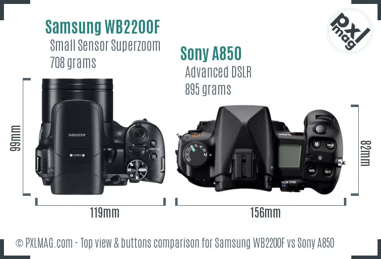 Samsung WB2200F vs Sony A850 top view buttons comparison Samsung WB2200F vs Sony A850 top view buttons comparison