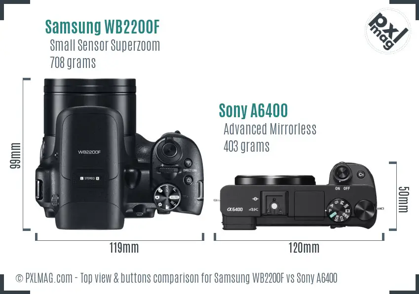 Samsung WB2200F vs Sony A6400 top view buttons comparison Samsung WB2200F vs Sony A6400 top view buttons comparison