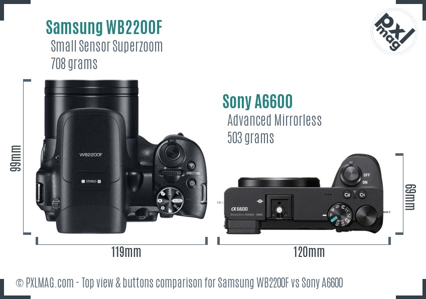 Samsung WB2200F vs Sony A6600 top view buttons comparison