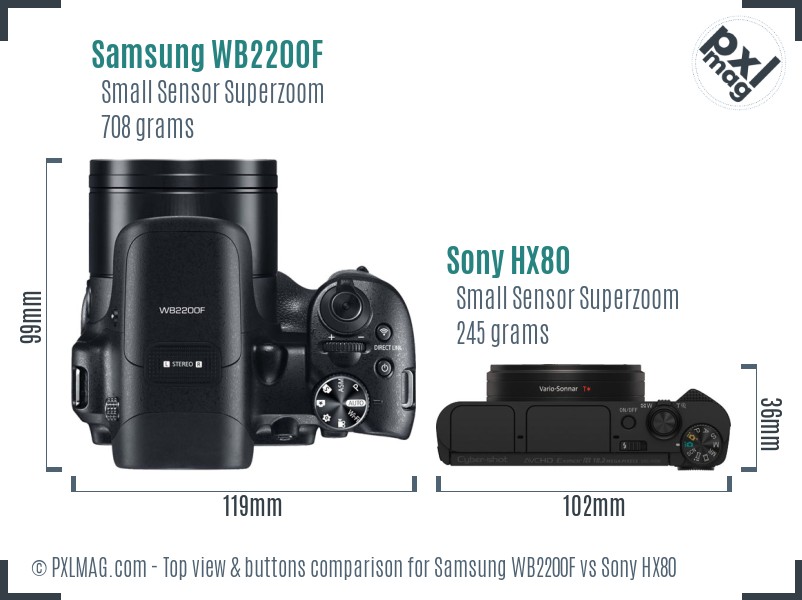 Samsung WB2200F vs Sony HX80 top view buttons comparison