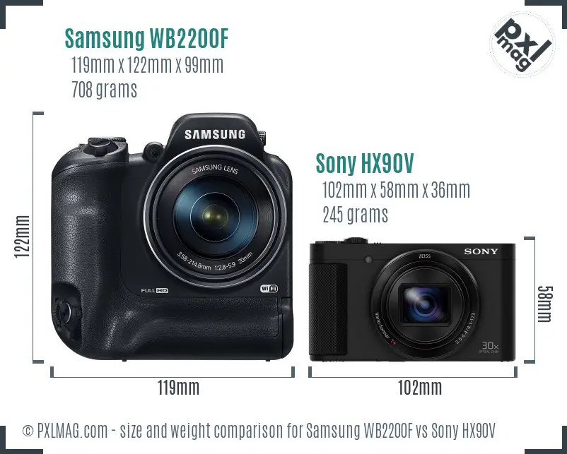 Samsung WB2200F vs Sony HX90V size comparison