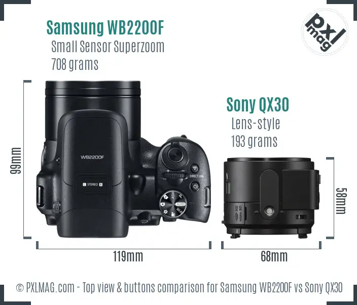 Samsung WB2200F vs Sony QX30 top view buttons comparison Samsung WB2200F vs Sony QX30 top view buttons comparison