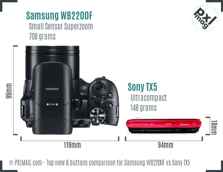 Samsung WB2200F vs Sony TX5 top view buttons comparison