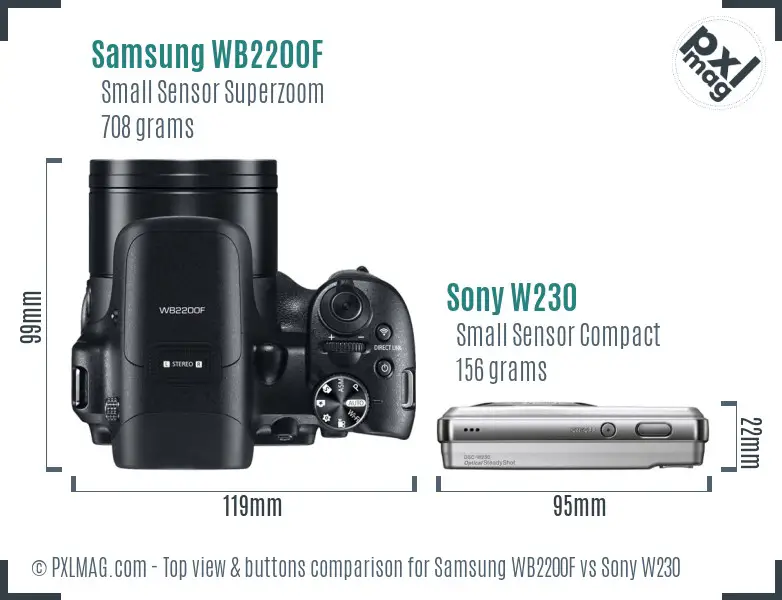 Samsung WB2200F vs Sony W230 top view buttons comparison
