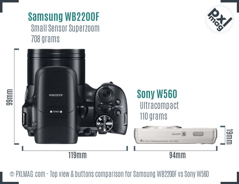 Samsung WB2200F vs Sony W560 top view buttons comparison