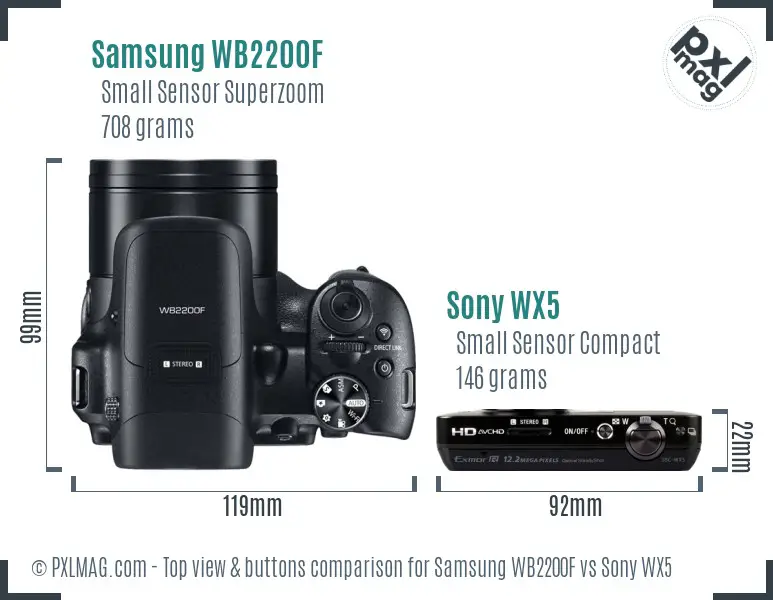 Samsung WB2200F vs Sony WX5 top view buttons comparison