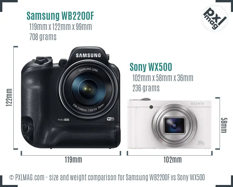 Samsung WB2200F vs Sony WX500 size comparison