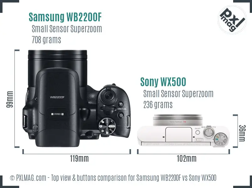 Samsung WB2200F vs Sony WX500 top view buttons comparison