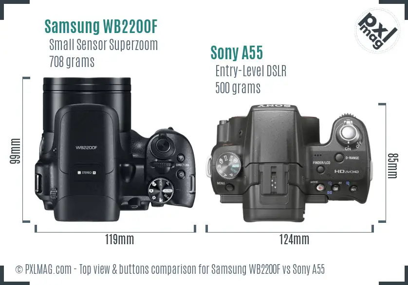 Samsung WB2200F vs Sony A55 top view buttons comparison Samsung WB2200F vs Sony A55 top view buttons comparison