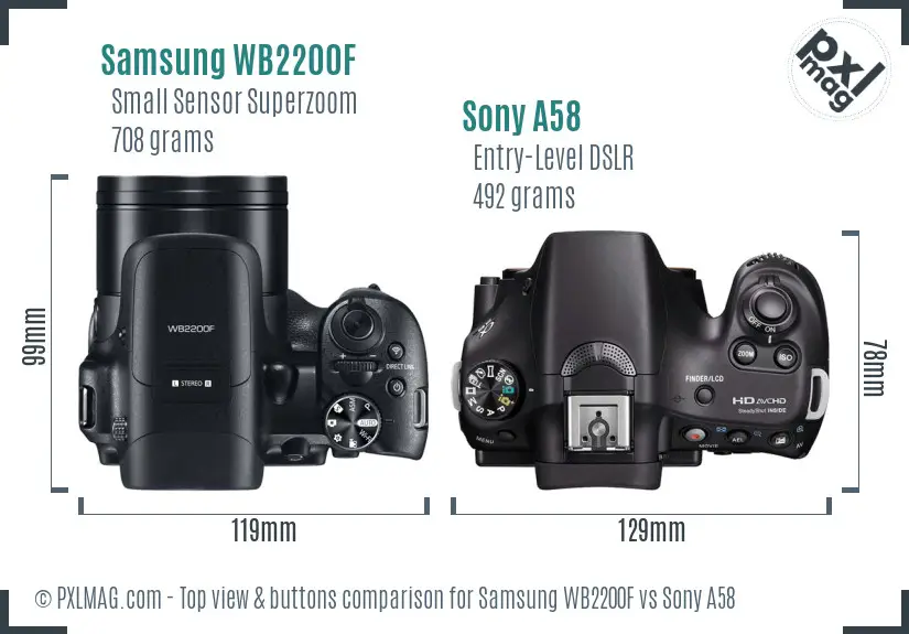 Samsung WB2200F vs Sony A58 top view buttons comparison Samsung WB2200F vs Sony A58 top view buttons comparison