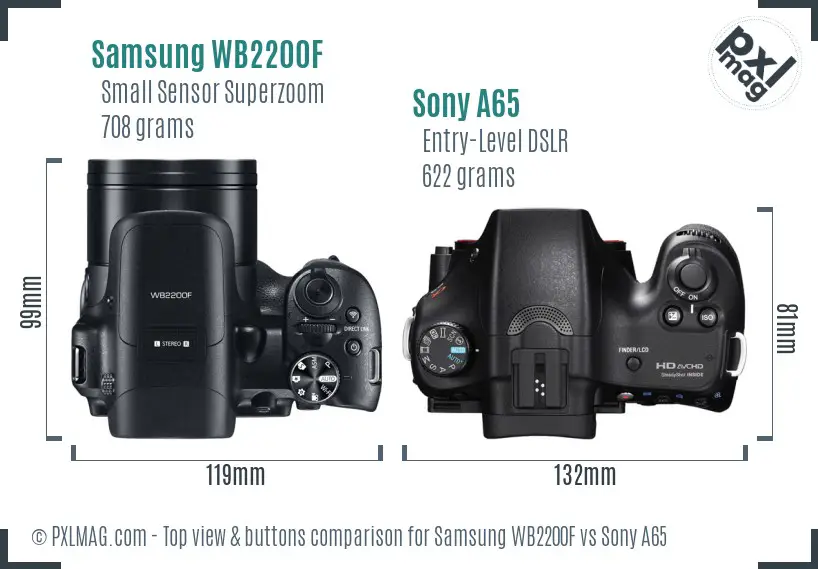 Samsung WB2200F vs Sony A65 top view buttons comparison