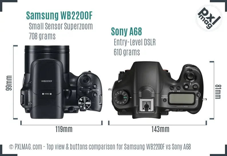 Samsung WB2200F vs Sony A68 top view buttons comparison
