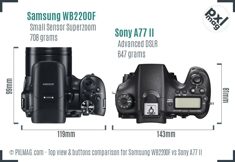 Samsung WB2200F vs Sony A77 II top view buttons comparison