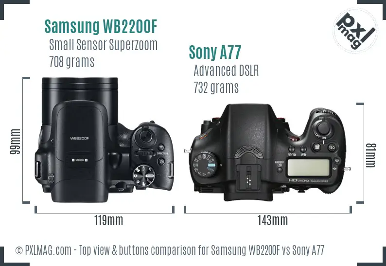 Samsung WB2200F vs Sony A77 top view buttons comparison Samsung WB2200F vs Sony A77 top view buttons comparison
