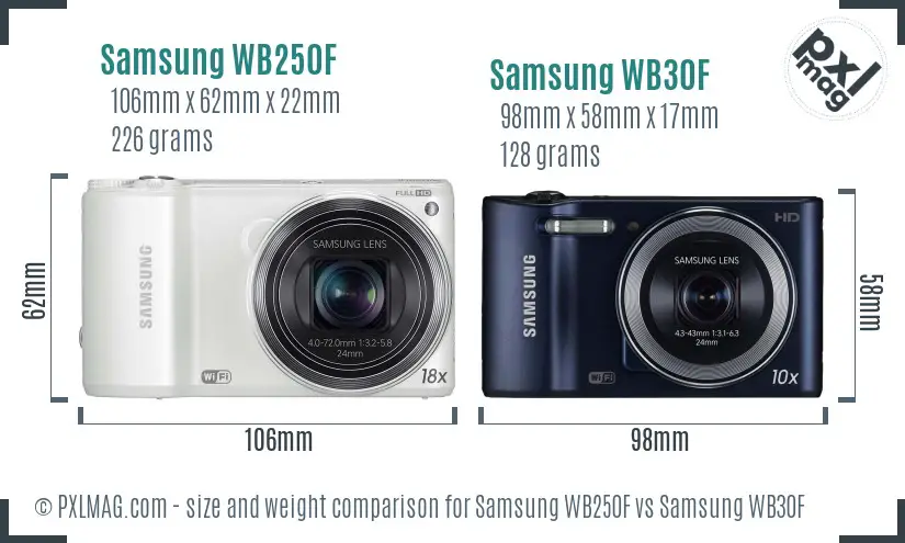 Samsung WB250F vs Samsung WB30F size comparison