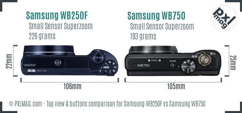 Samsung WB250F vs Samsung WB750 top view buttons comparison