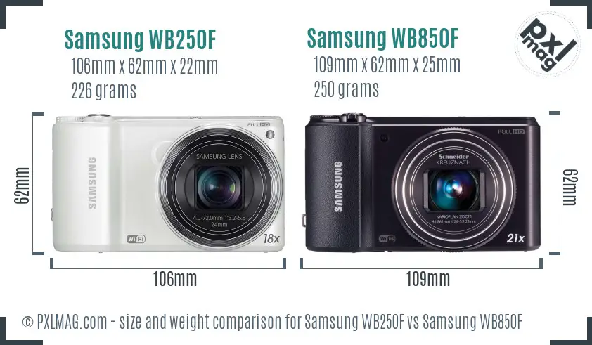 Samsung WB250F vs Samsung WB850F size comparison