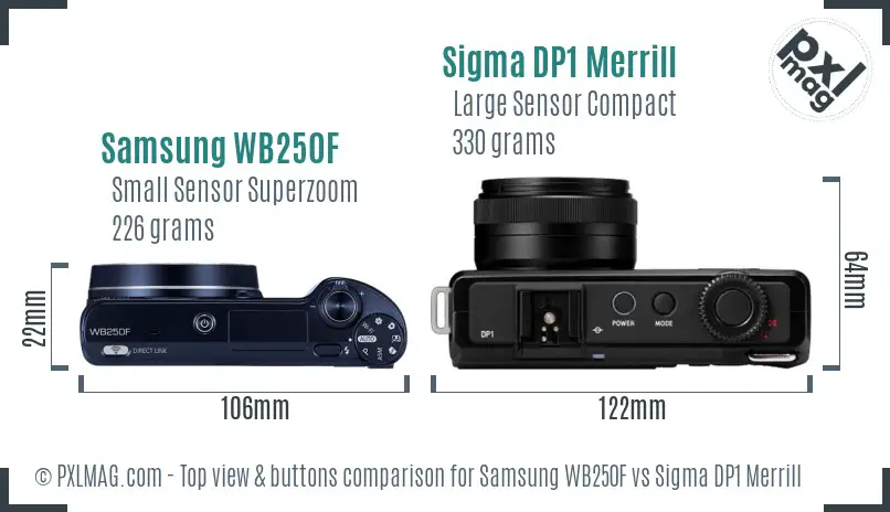 Samsung WB250F vs Sigma DP1 Merrill top view buttons comparison