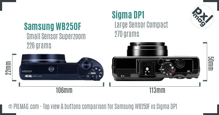 Samsung WB250F vs Sigma DP1 top view buttons comparison