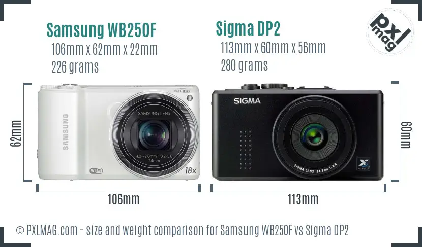 Samsung WB250F vs Sigma DP2 size comparison