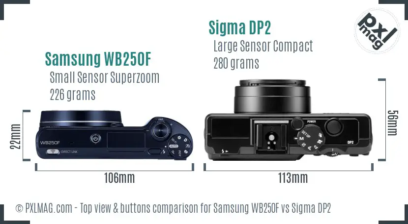Samsung WB250F vs Sigma DP2 top view buttons comparison