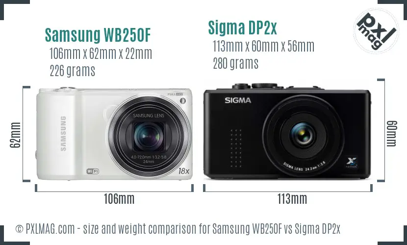 Samsung WB250F vs Sigma DP2x size comparison