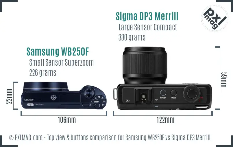 Samsung WB250F vs Sigma DP3 Merrill top view buttons comparison