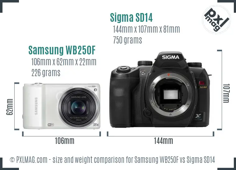 Samsung WB250F vs Sigma SD14 size comparison